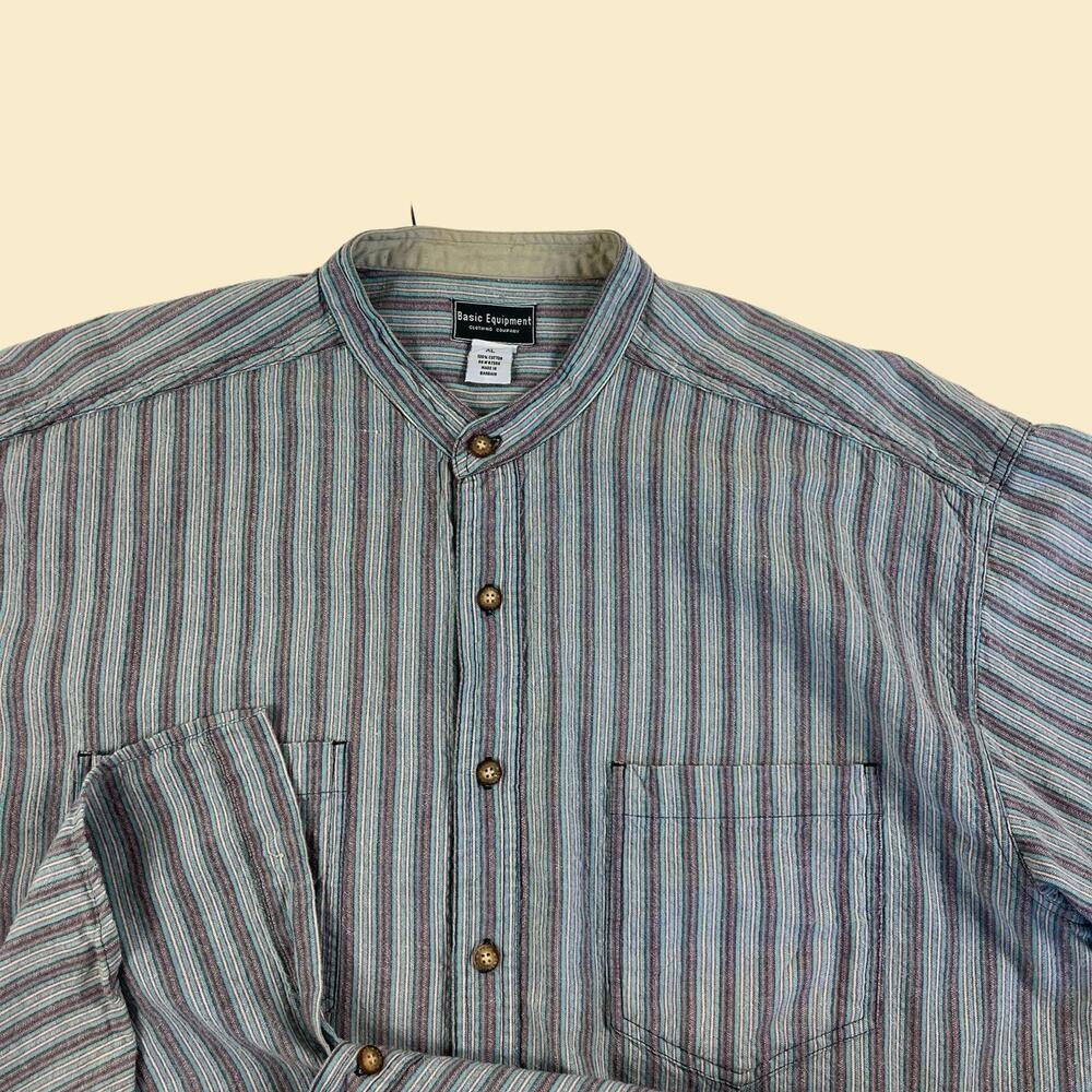 Vintage 1990s XL men's collarless shirt, purple/blue Basic Equipment Clothing Co - Picture 2 of 8
